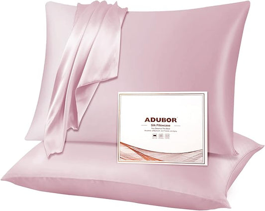 Adubor Silk Pillowcase 2 Pack for Hair and Skin with Hidden Zipper, Both Sides 23 Momme Silk Pillow Case (Pink, Standard: 20''x26'') - Bloomnest