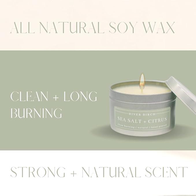 River Birch Candles Sea Salt + Citrus Scented Candle | Premium, All-Natural, Non-Toxic, Soy Candles | 8 oz. Silver Tin Travel Candle | Cozy Relaxing Gifts for Home - Bloomnest