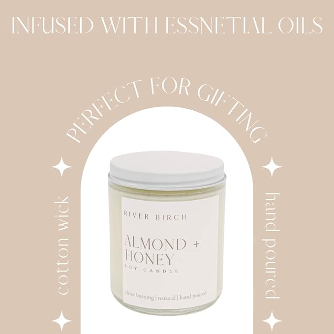 River Birch Candles Almond + Honey Scented Candle | Premium, All-Natural, Non-Toxic, Soy Candles | 8.5oz 40 Hr Burn Time | Cozy Relaxing Gifts for Home - Bloomnest