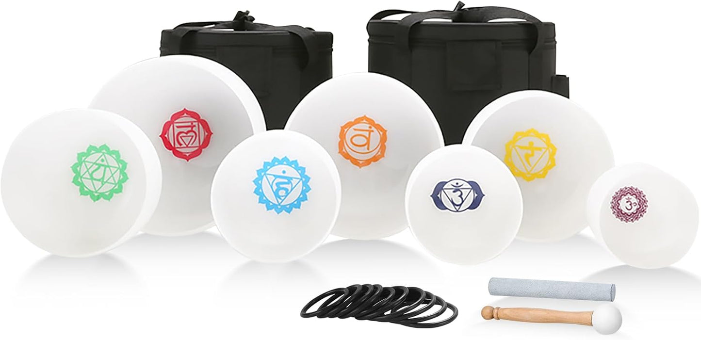 432HZ 6-12 Inch 7 Pcs Chakra Design Frosted Crystal Singing Bowl Set for Meditation Healing Yoga Chakra Quartz Crystal Sound Bowls with Heavy Duty Carry Cases and Rubber Mallet,Suede Striker,O-rings