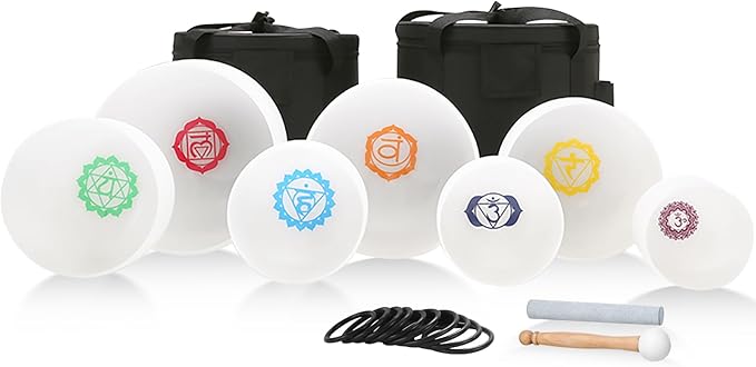 432HZ 6-12 Inch 7 Pcs Chakra Design Frosted Crystal Singing Bowl Set for Meditation Healing Yoga Chakra Quartz Crystal Sound Bowls with Heavy Duty Carry Cases and Rubber Mallet,Suede Striker,O-rings - Bloomnest