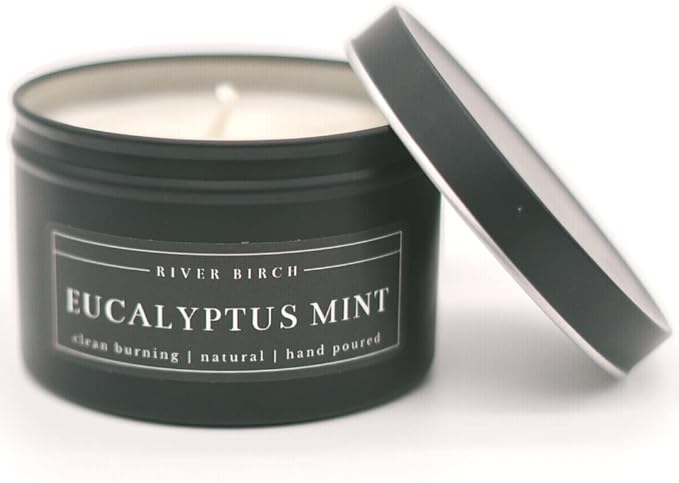 River Birch Candles Eucalyptus Mint Scented Candle | Premium, All-Natural, Non-Toxic, Soy Candles | 8 oz. Black Matte Tin Travel Candle | Cozy Relaxing Gifts for Home - Bloomnest