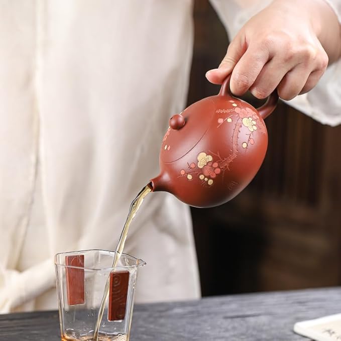 Fine Zisha Tea Pot Set,Master Handmade Genuine Yixing Clay Teapot 11.3 Oz with 4 Cups,Xishi Tea Set,Zhuni Red Beauty Clay