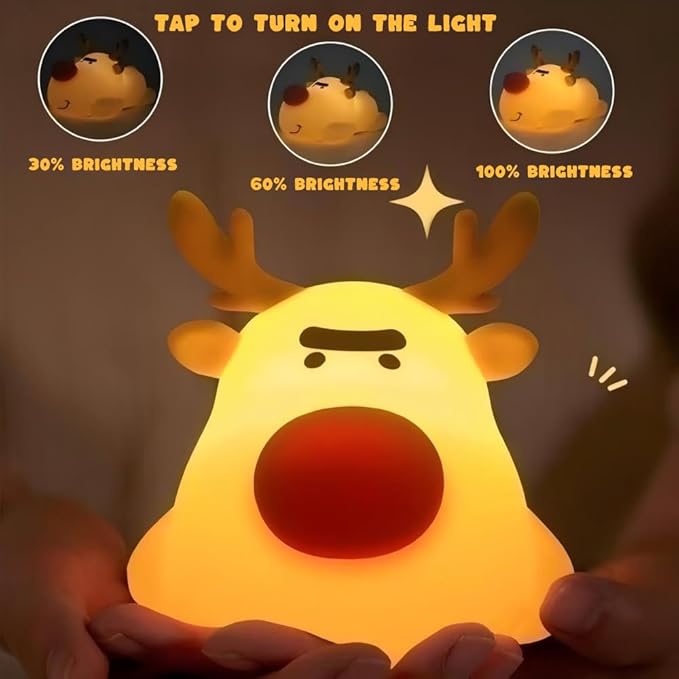 Eco-Friendly Reindeer Night Light - Energy Efficient LED Desk Lamp, Rechargerable Dimmable Nursery Soft Touch Bedside Baby Squishy Night Light, Portable Nightlight for Adults/Kids - Bloomnest