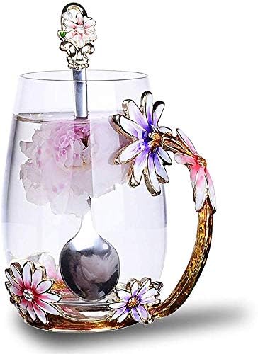 Luka Tech Enamel flower Lead-free Glass Coffee Mugs Tea Cup with Steel Spoon, Best Birthday Gifts For Women Wife Mom Friends Mothers Valentines Day Christmas - Bloomnest