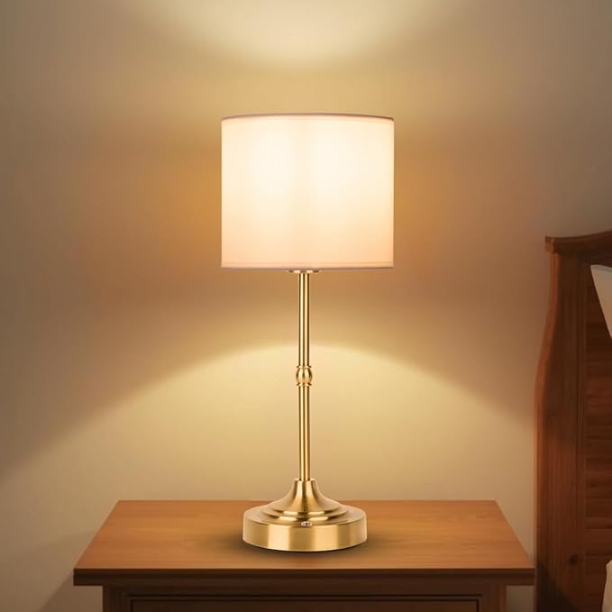 Rechargeable Table Lamp, Cordless Touch Lamps, Portable Desk Light with Stepless Dimmable Brightness & Fabric Shade for Nightstand Bedside Living Room (Gold, Straight) - Bloomnest