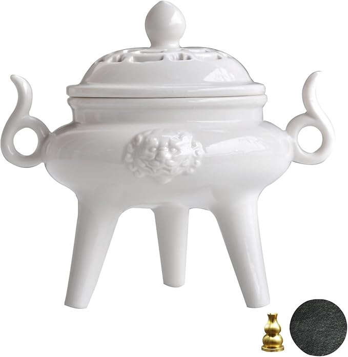 Ceramic Incense Cone Burner with Lid,Stylish Incense Holder for Coil Incense and Powder Incense,Mediation Gift,Room Decor(White) - Bloomnest