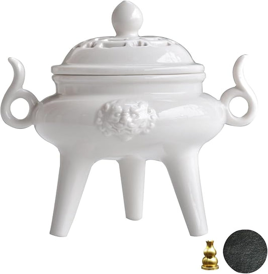 Ceramic Incense Cone Burner with Lid,Stylish Incense Holder for Coil Incense and Powder Incense,Mediation Gift,Room Decor(White) - Bloomnest