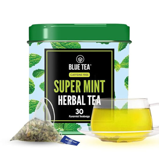 BLUE TEA - Super Mint Tea - 30 Count - Pyramid Plant Based Tea Bag | Super Antioxidant | Herbal Tea - Caffeine Free - Non-Bitter - Calming Tea - Vegan - Non-GMO - 100% Natural | Tin Pack - Bloomnest