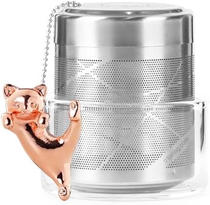 Cat Tea Infuser Stainless Steel with Secure Clip Rose Gold Kitty - Cute Animal Tea Ball Strainer, Reusable Loose Leaf Infuser w/Hanging Clip & Glass Holder Gift for Tea Lovers