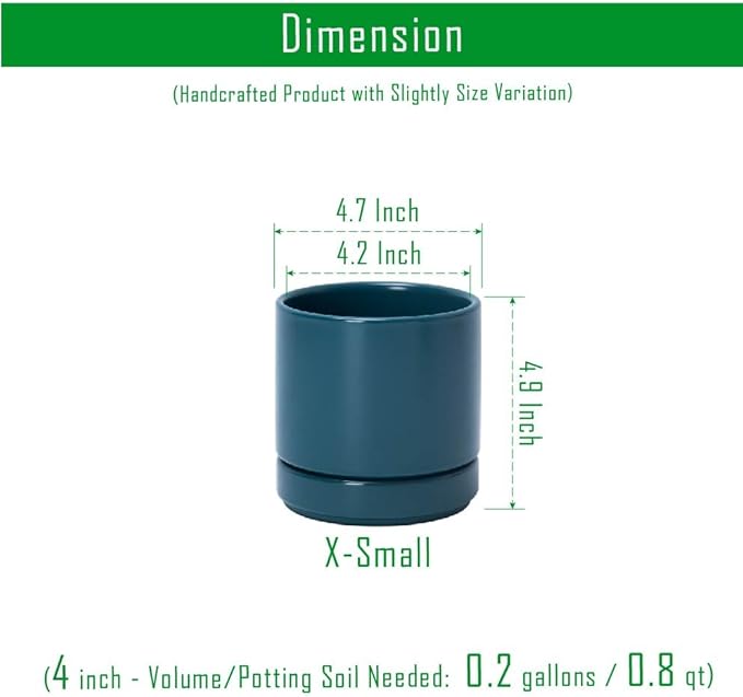 D'vine Dev Set of 2 Plants Pots, 4.7 Inch Ceramic Planter Pot for Plants with Drainage Hole and Saucer, Teal, 94-V-B-9 - Bloomnest
