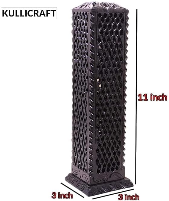 Handmade Marble Black Soapstone Incense Stick Burner | Candle Stick Holder | Tea Light Burner - Perfect Jaali Carving for Gifting. Decorative Home and Kitchen Decor (3 x 3 x 11 Inches).
