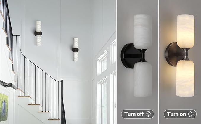 14in Modern Spanish Natural Marble Bathroom Vanity Sconces, Alabaster Wall Sconces Set of Two, Black Alabaster Sconce Wall Lighting, Black Wall Light Fixtures Decor - Bloomnest