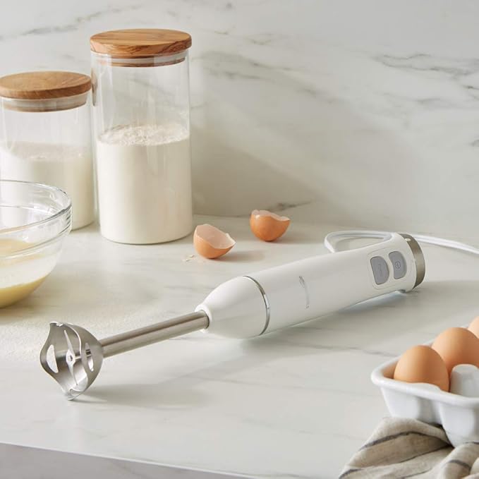 Amazon Basics 300W 4-In-1 Immersion Blender Handheld, Emulsion Blender With Blending Stick, Whisk, Chopper and Beaker, Continuous Speed Control And Turbo Mode, 5-ft Power Cord, White - Bloomnest