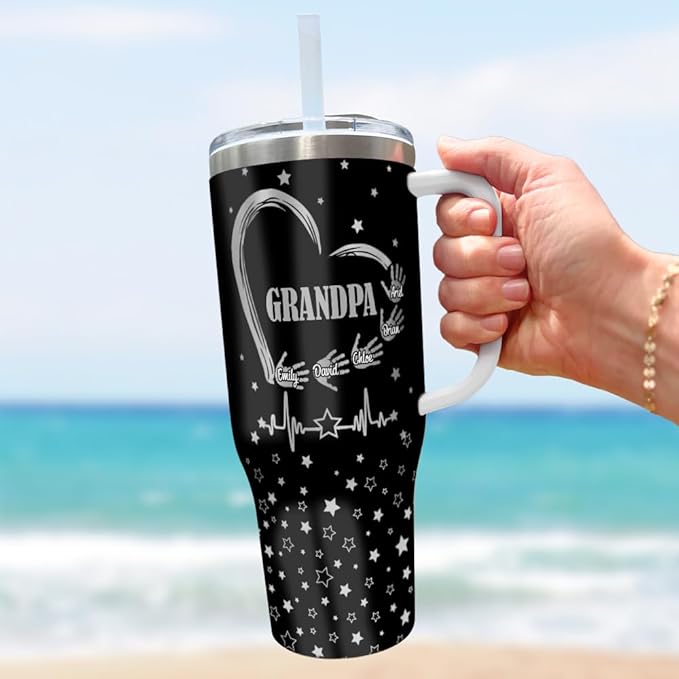 Personalized Grandpa Tumbler – Custom Name Gift With Heart, Stars & Handprints – Grandkids Signature Design – Father’s Day, Birthday, or Christmas - Bloomnest