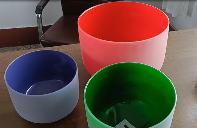 8-12 inch Set of 3 Crystal Singing Bowls 8"B 10"F 12"C Red Green Purple Color Frosted Root Heart Crown Chakra Sound Healing Bowl with 1 Travel Carry Case 1 Mallet Suede 1 Striker 3 O-rings - Bloomnest