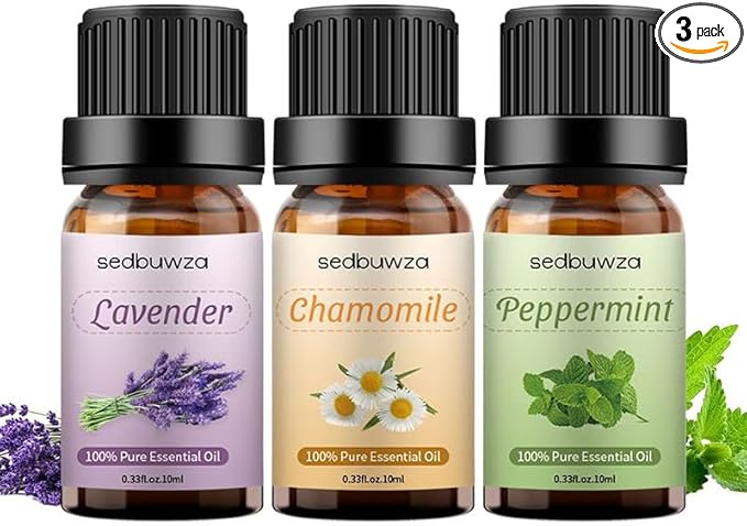 Sedbuwza 3 Pack Lavender Peppermint Chamomile Essential Oil 100% Pure and Natural Aromatherapy Gift Oils for Massage, Diffuser, Soaps, Candle Sedbuwza