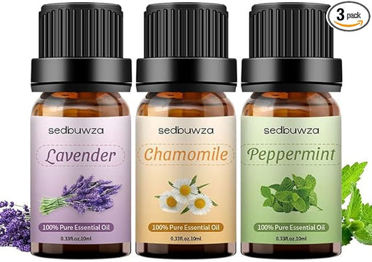 Sedbuwza 3 Pack Lavender Peppermint Chamomile Essential Oil 100% Pure and Natural Aromatherapy Gift Oils for Massage, Diffuser, Soaps, Candle Sedbuwza