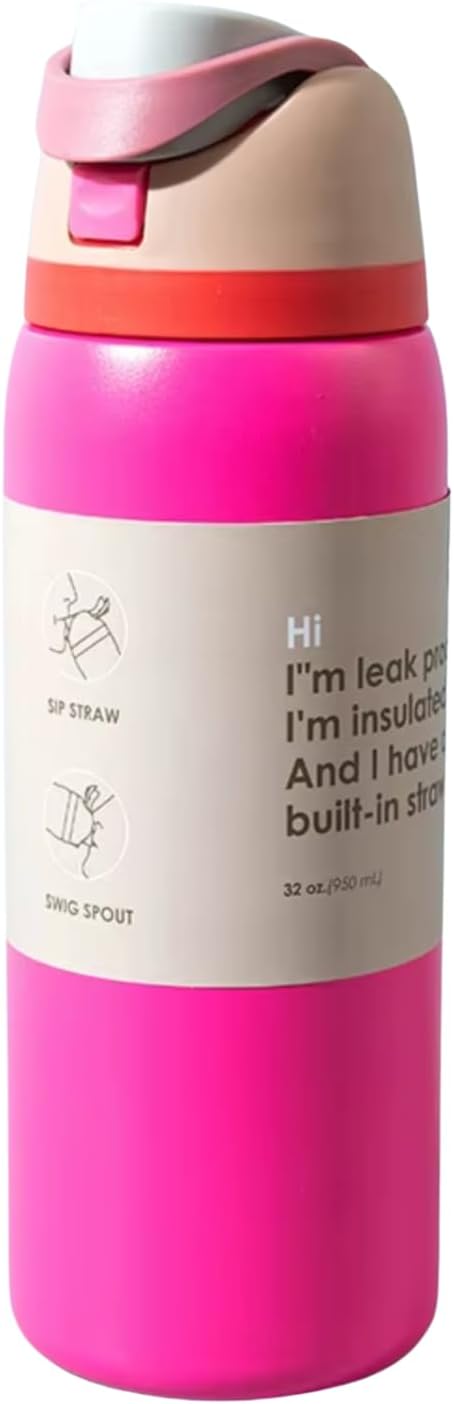 DUTHINGS Insulated Stainless Steel Water Bottle with Straw, 32 oz, Reusable Sports and Travel Bottle for School, Kids, and Outdoors - Leakproof and BPA-Free (FUCHSIA/32) Bloomnest