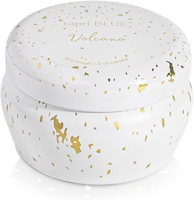 Capri Blue Glimmer Mini Tin - Volcano Scented Candle with Mini Tin Candle Holder - Soy Wax Blend - White and Gold (3 oz) - Bloomnest