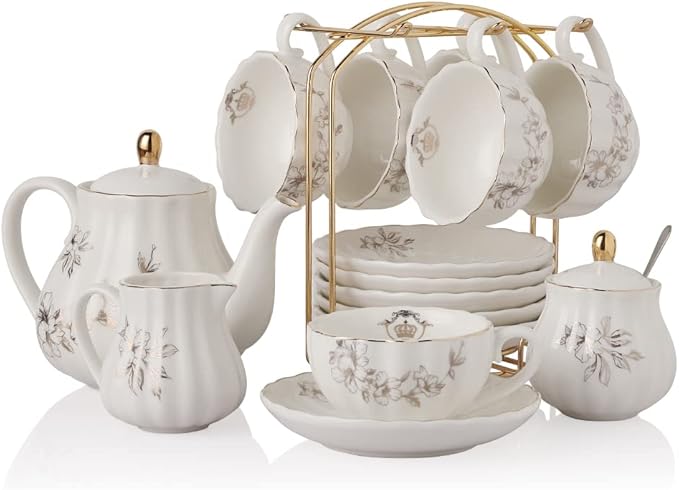 Porcelain Tea Sets British Royal Series, 8 OZ Cups & Saucer Service for 6, with Teapot Sugar Bowl Cream Pitcher Teaspoons and Tea Strainer, Suitable for High Tea, Wedding, Party（Morning glory） - Bloomnest