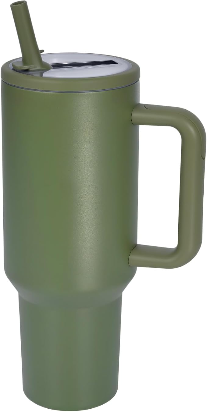 40 oz Insulated Tumbler with Handle,Flip Straw,Lid & Rubber Base Stainless Steel Water Bottle - Leak Proof Vacuum Insulated Mug BPA Free Reusable Travel Cup Gifts for Women/Men (dark green 40oz) - Bloomnest