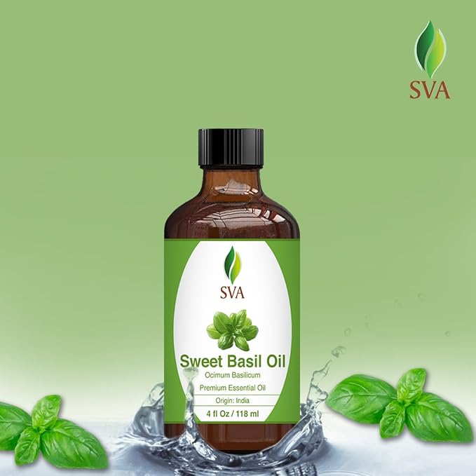 SVA Sweet Basil Essential Oil – 4 Fl Oz – 100% Natural Basil Oil - for Diffuser, Hair Care, Face, Skin Care, Aromatherapy, Scalp and Body Massage, Soap and Candle Making – with Dropper - Bloomnest