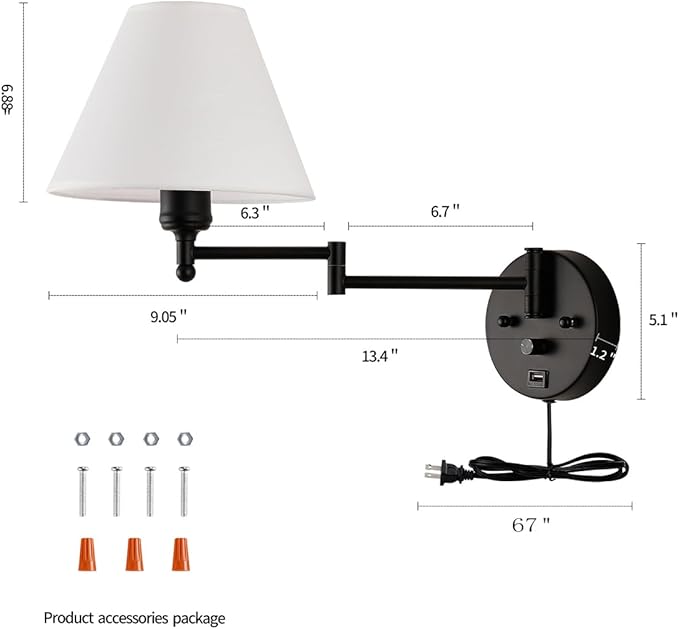 Swing Arm Wall Sconces, Plug-in Wall lamp,Bedroom Wall lamp ， White Fabric Shade，，with dimmable Switch and USB Charging Port, Suitable for Bedside, Living Room, Reading (Black) - Bloomnest