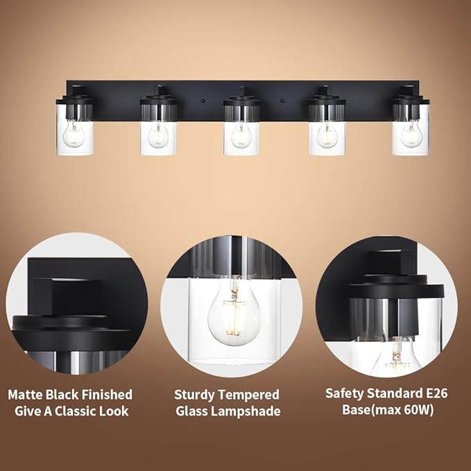 BONLICHT Industrial 5 Light Wall Mount Lighting Sconces Bathroom Vanity Light Matte Black Metal with Clear Glass Shade,Modern Farmhouse Wall Lamp Indoor Bath Wall Lamp Fixture Over Mirror - Bloomnest