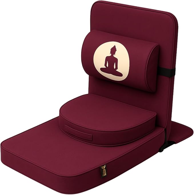 Friends of Meditation Relaxing Buddha Meditation Chair | Detachable Rectangular Back Support & Zafu Cushion | Portable Folding Chair | Floor Chair with Back Support | Yoga Chairs for Adults | Maroon - Bloomnest