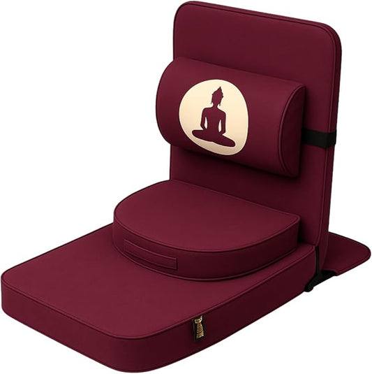 Friends of Meditation Relaxing Buddha Meditation Chair | Detachable Rectangular Back Support & Zafu Cushion | Portable Folding Chair | Floor Chair with Back Support | Yoga Chairs for Adults | Maroon - Bloomnest