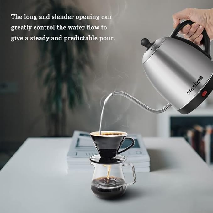 Stariver Electric Kettle Gooseneck Kettle, 1L Water Boiler, BPA-Free, Pour Over Tea Pot Stainless Steel for Coffee & Tea with Fast Heating, Auto-Shut Off and Boil-Dry Protection Tech - Bloomnest