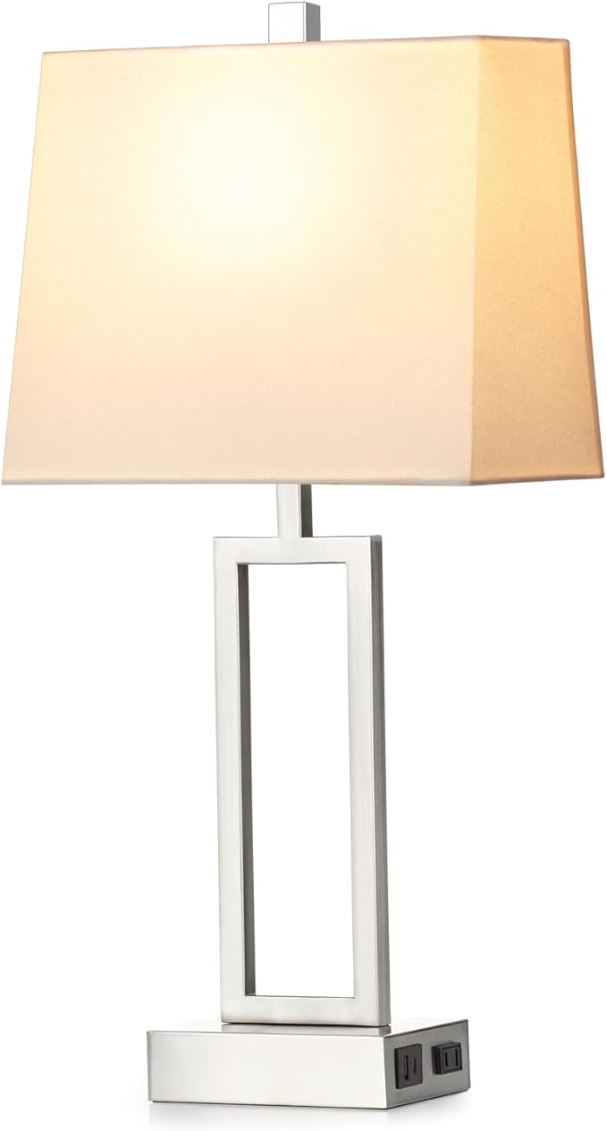 Touch Control Table Lamps for Living Room, 3-Way Dimmable Modern Table Lamp with USB A+C Charging Ports & AC Outlets, Bedside Contemporary Nightstand Desk Lamps with Fabric White Shade for Bedrooms - Bloomnest