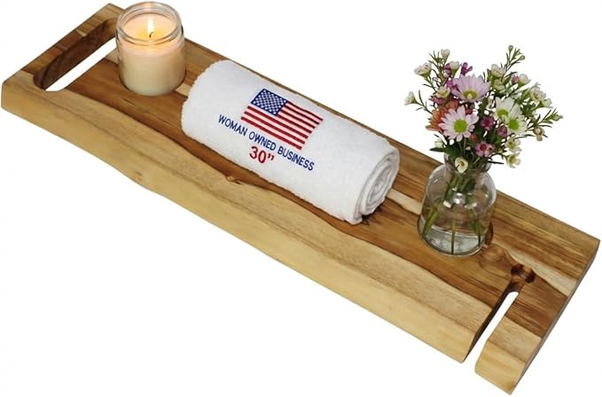 EcoDecors Eleganto 30" Live Edge Solid Teak Bath Caddy Tray with Handle, Book & Tablet Holder, Wine Glass Holders, Luxury Bathtub Tray - Bloomnest