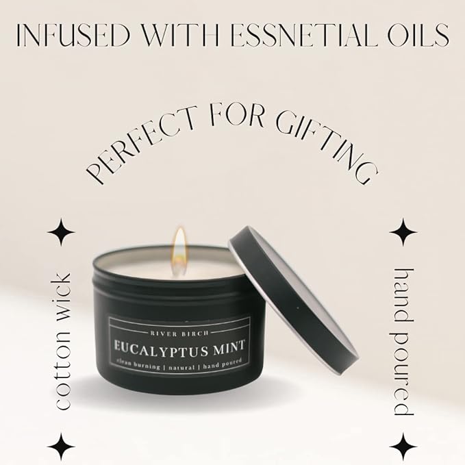 River Birch Candles Eucalyptus Mint Scented Candle | Premium, All-Natural, Non-Toxic, Soy Candles | 8 oz. Black Matte Tin Travel Candle | Cozy Relaxing Gifts for Home - Bloomnest