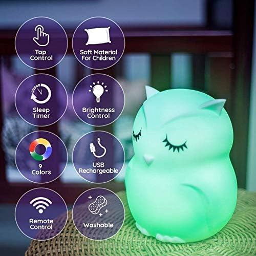 Lumipets Remote Control Silicone Night Light for Kids - Owl Design with 9 Soft Colors & Sleep Timer - Rechargeable, Battery-Operated Lamp for Bedroom | Baby Nursery, Toddler, Girls, Boys - Bloomnest