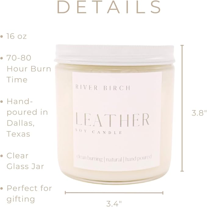 River Birch Candles Leather Scented Candle | Premium, All-Natural, Non-Toxic, Soy Candles | 16oz 90 Hr Burn Time | Cozy Relaxing Gifts for Home - Bloomnest
