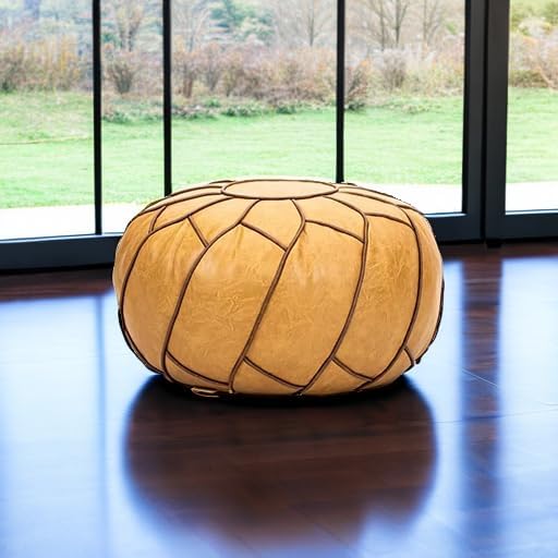 Moderner Faux Leather Pouf Unstuffed Ottoman Moroccan Footstool, Floor Footrest Cushion, Storage Solution - Natural Brown Color (Camel, Round) - Bloomnest
