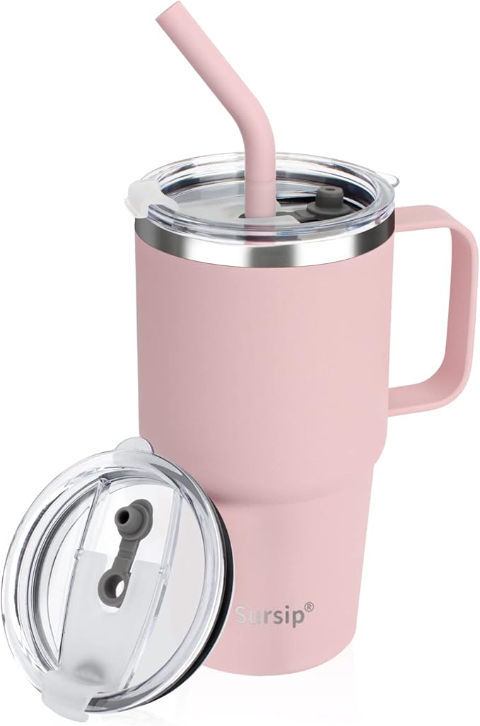 Sursip 24 oz Insulated Cup with Handle, Double Wall Vacuum Stainless Steel Tumbler with Straw and 2 Lids, For Cold/Hot Drinks, Coffee Travel Mug for Car/Home/Office/Party/Camping (Pink-1 Pack) - Bloomnest