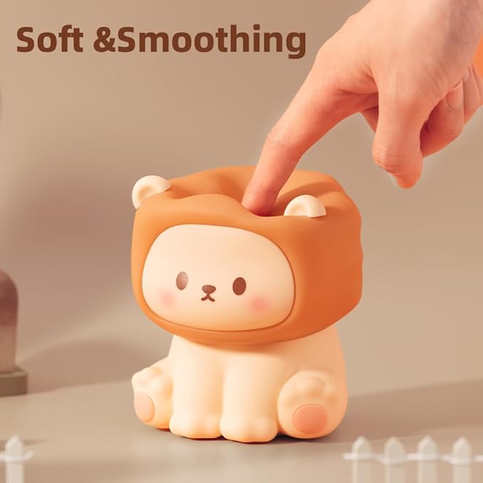 Cute Lion Night Light for Kids, Rechargeable Nursery Lamp with Timer, 3 Brightness Levels & Warm Light, Soft Silicone Baby Night Light, Tap Control, Gift for Toddlers - Bloomnest