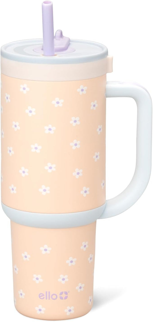 Ello Oasis 30 oz Tumbler with Handle & Retracting Straw | Reusable Insulated Stainless Steel Cup 100% Leakproof, Gifts for Teens Women Men | Keeps cold for 24 Hours, Cup Holder Friendly, Daisies - Bloomnest