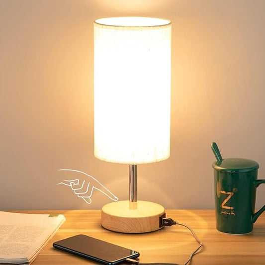 Yarra-Decor Bedside Table Lamp with USB Port - Touch Control for Bedroom Wood 3 Way Dimmable Nightstand Lamp with Round Flaxen Fabric Shade for Living Room, Dorm, Home Office (LED Bulb Included) - Bloomnest