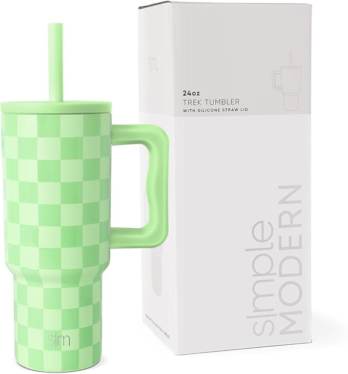 Simple Modern Kids 24 oz Tumbler with Handle and Silicone Straw Lid, Spill Proof & Leak Resistant, Reusable Stainless Steel Bottle, Trek Collection, Lime Checkmate (Pack of 12) - Bloomnest