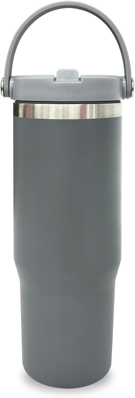 30 oz Tumbler with Top Handle, Double Wall Vacuum Insulated Tumbler with Flip Straw, Travel Coffee Mug 30oz Powder Coated Cup for Laser Engraving (Gray,1 pack)