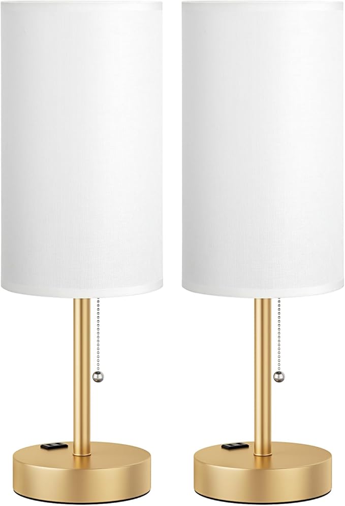 Fenmzee Plus Gold Bedside Lamps Set of 2-3 Color Temperatures Pull Chain Lamp with AC Outlet Charging Port, Round Night Stand Lamps for Bedroom, Bed Side Light with E26 LED Bulbs - Bloomnest