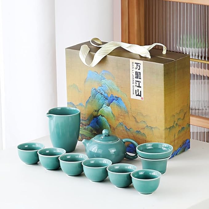 Chinese Tea Set, 10-Piece Ceramic Set with Teapot and Cups, Gongfu Tea Set,Tea Gift Sets,Outdoor and Office (Ge Kiln Green) - Bloomnest
