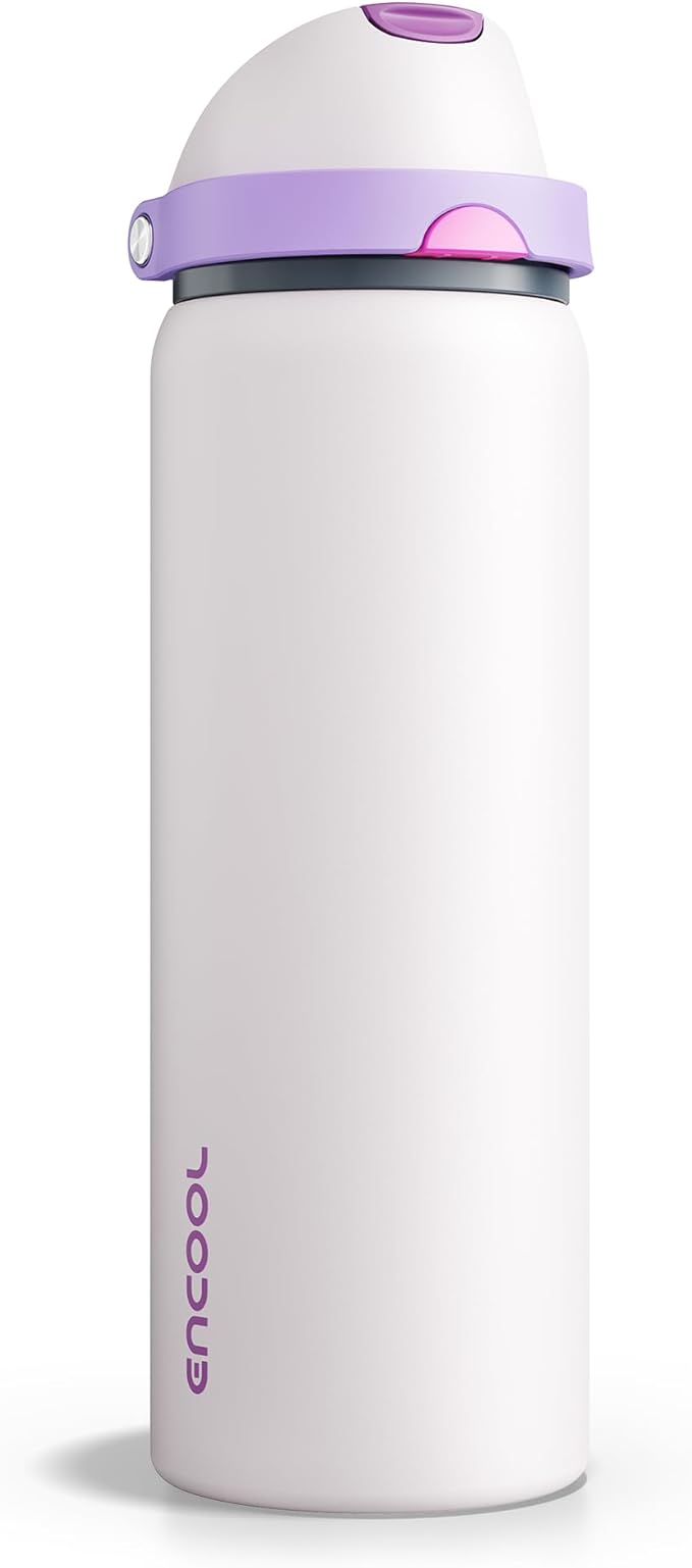 Insulated Water Bottle with Straw - Encool Stainless Steel Water Bottle with Push Button Lid, Leak-Proof & BPA-Free, Keeps Cold for 24 Hours for Sports, Travel, Gym (32 oz, Oyster Pink) ENCOOL