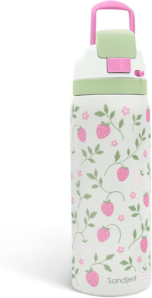 Strawberry Stainless Steel Water Bottle, Vacuum Insulated, Push-Button Lid, 32 oz, Gifts for Women Girls Friends Teens Birthday Christmas SANDJEST