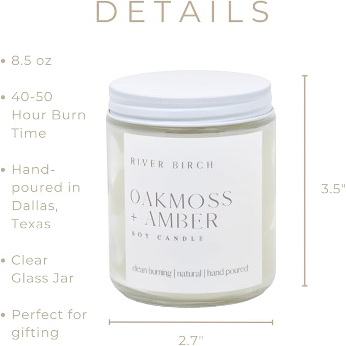 River Birch Candles Oakmoss + Amber Scented Candle | Premium, All-Natural, Non-Toxic, Soy Wax | 8.5oz 40 Hr Burn Time | Cozy Relaxing Gifts for Home - Bloomnest