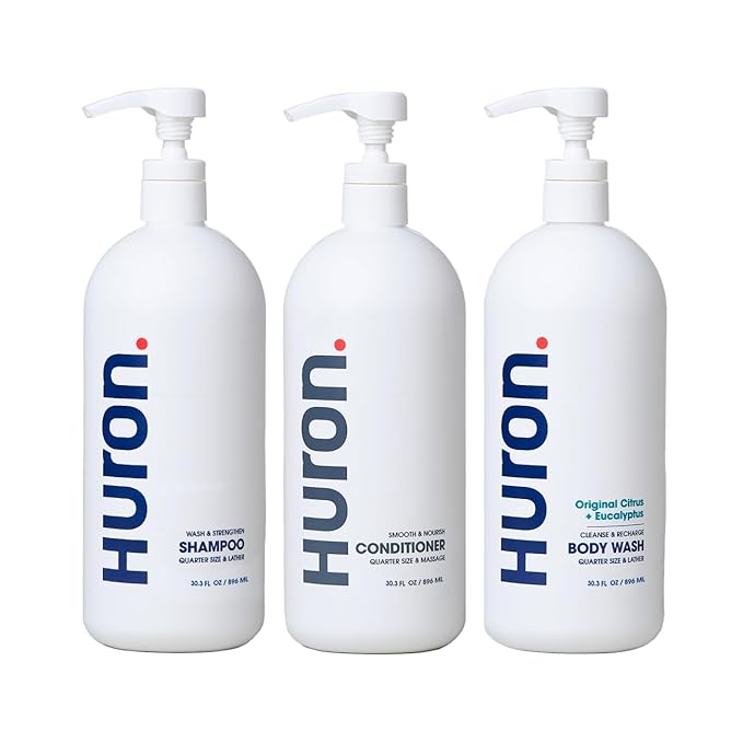 Huron Jumbo Shower Kit - Shampoo, Conditioner, & Body Wash For Men - Citrus + Eucalyptus Scent - Hydrating & Nourishing Men’s Shampoo & Conditioner (30.3 Oz Each) - Bloomnest